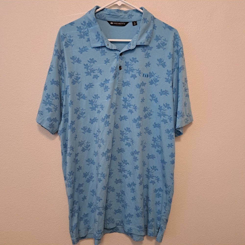 TravisMathew Mens XL Blue Floral Golf Polo Shirt Short Sleeve Stretch Cotton
